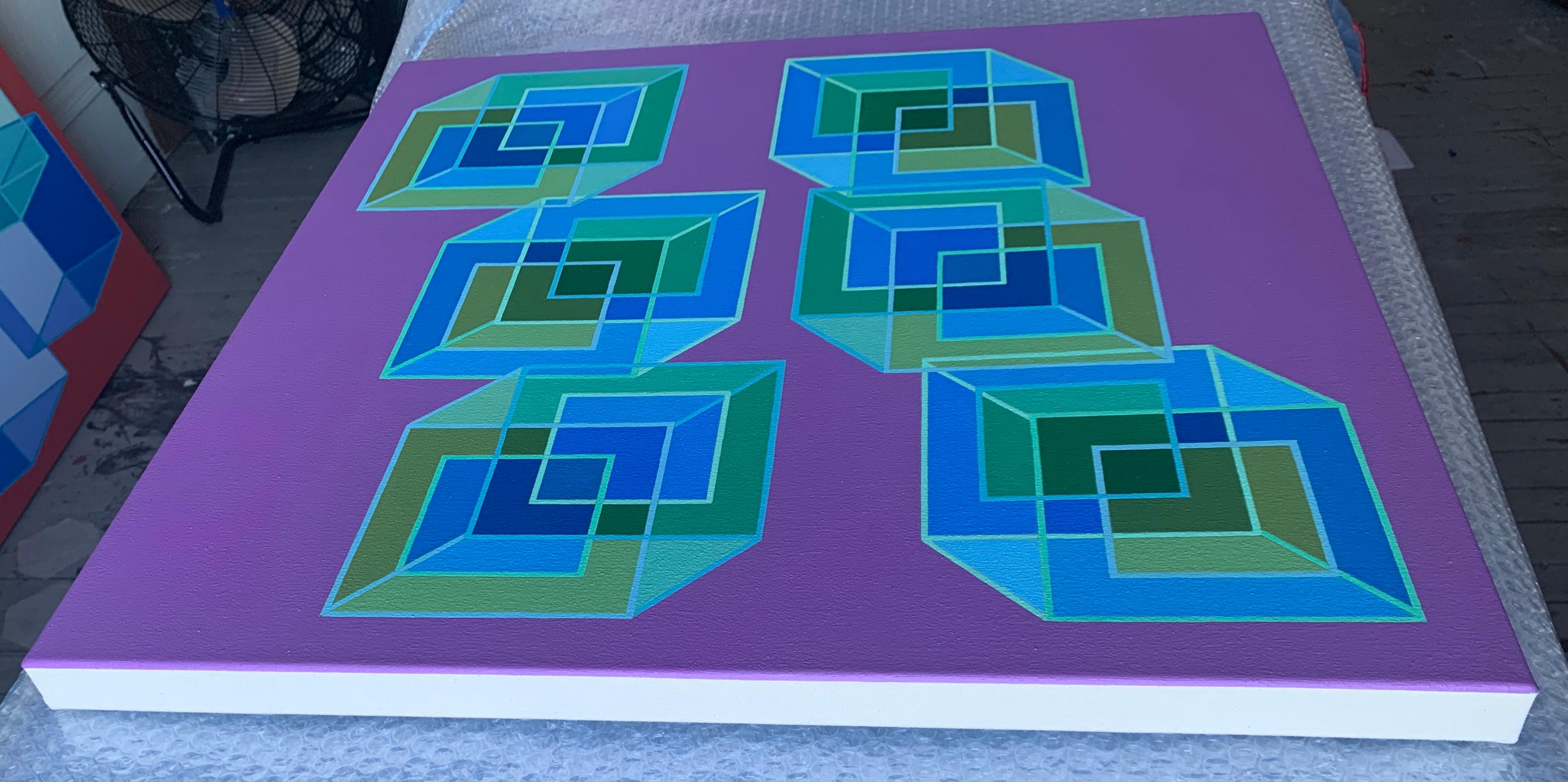 Inverse Cubes #8: geometric abstract Pop Art Op Art painting: blue green purple - Abstract Painting by Benjamin Weaver