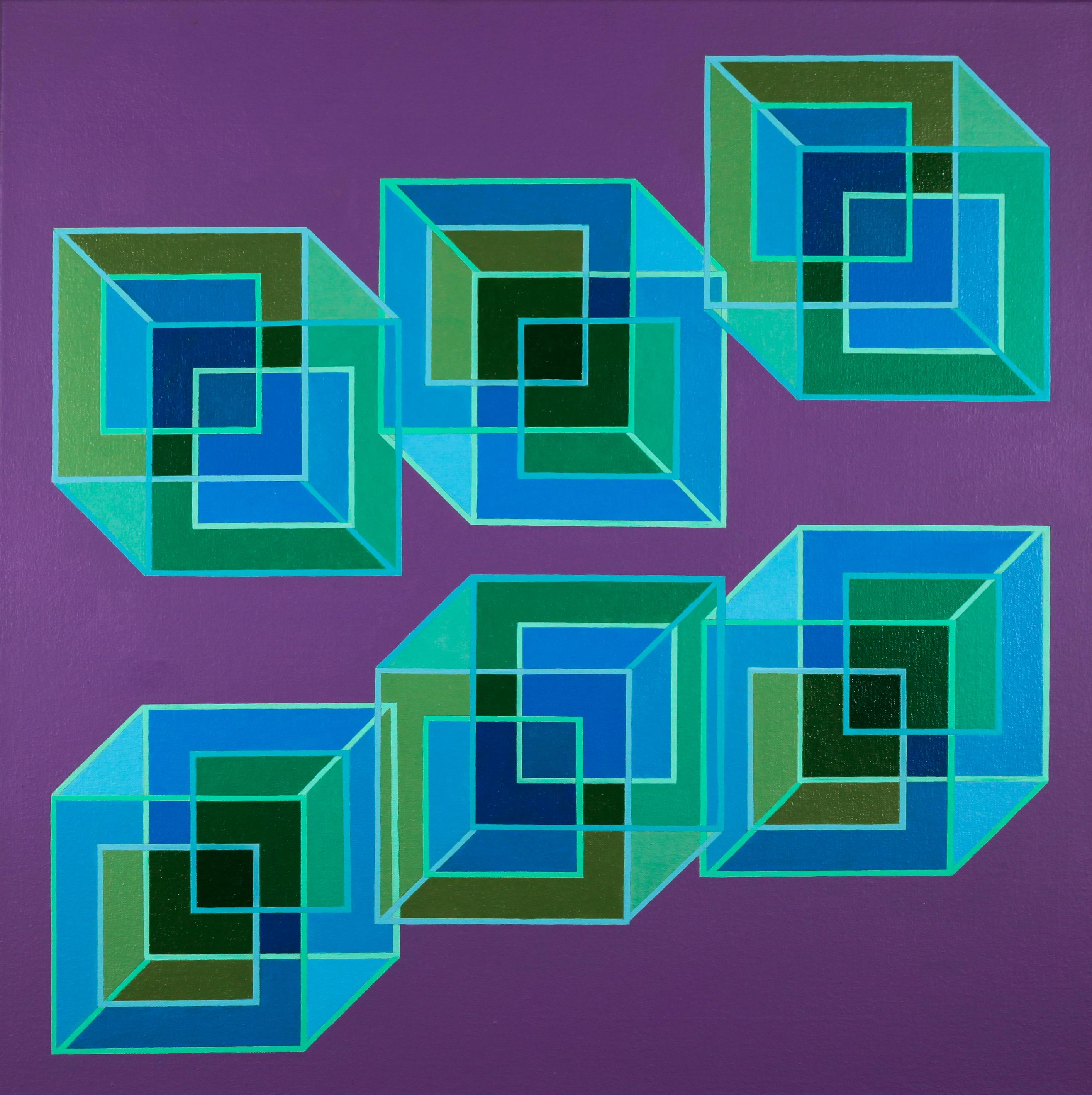 Benjamin Weaver Abstract Painting - Inverse Cubes #8: geometric abstract Pop Art Op Art painting: blue green purple