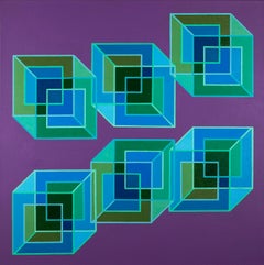 Inverse Cubes #8: geometric abstract Pop Art Op Art painting: blue green purple