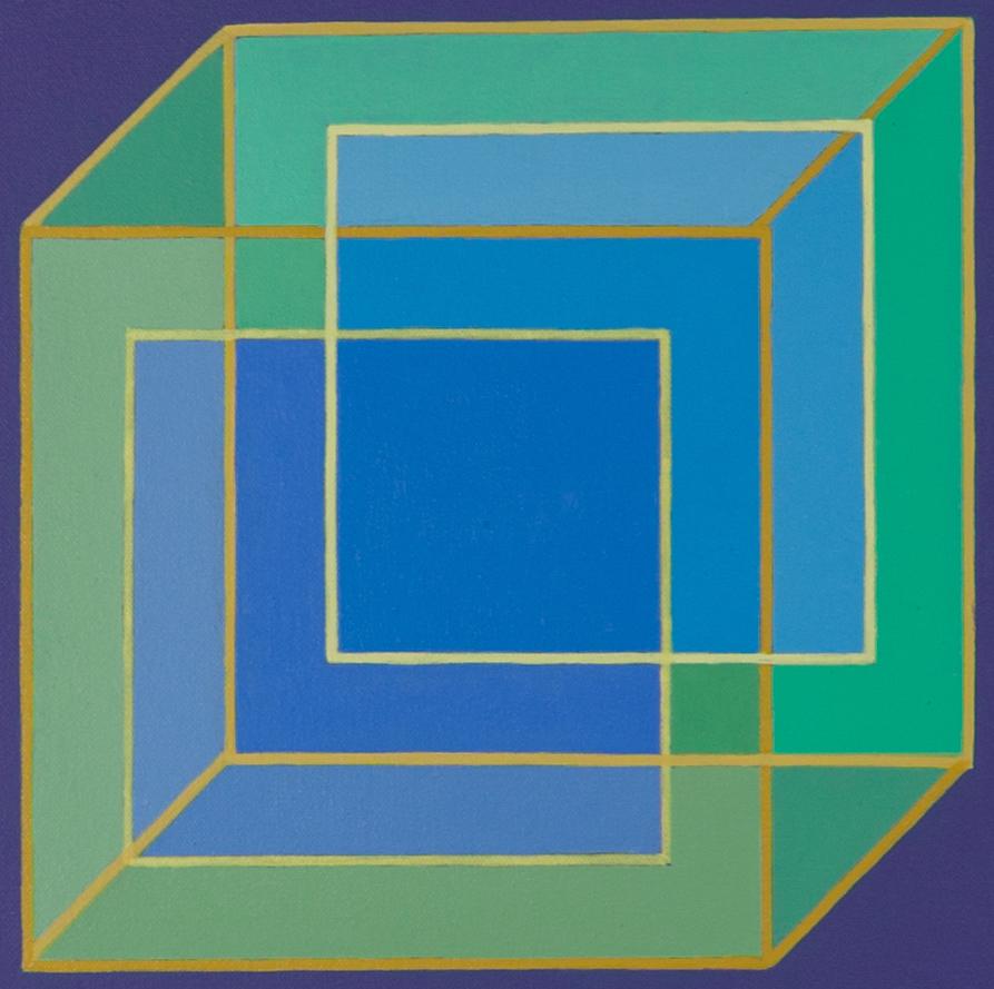 Inverse Cubes #9: geometric abstract Pop Art Op Art painting: blue green purple - Painting by Benjamin Weaver