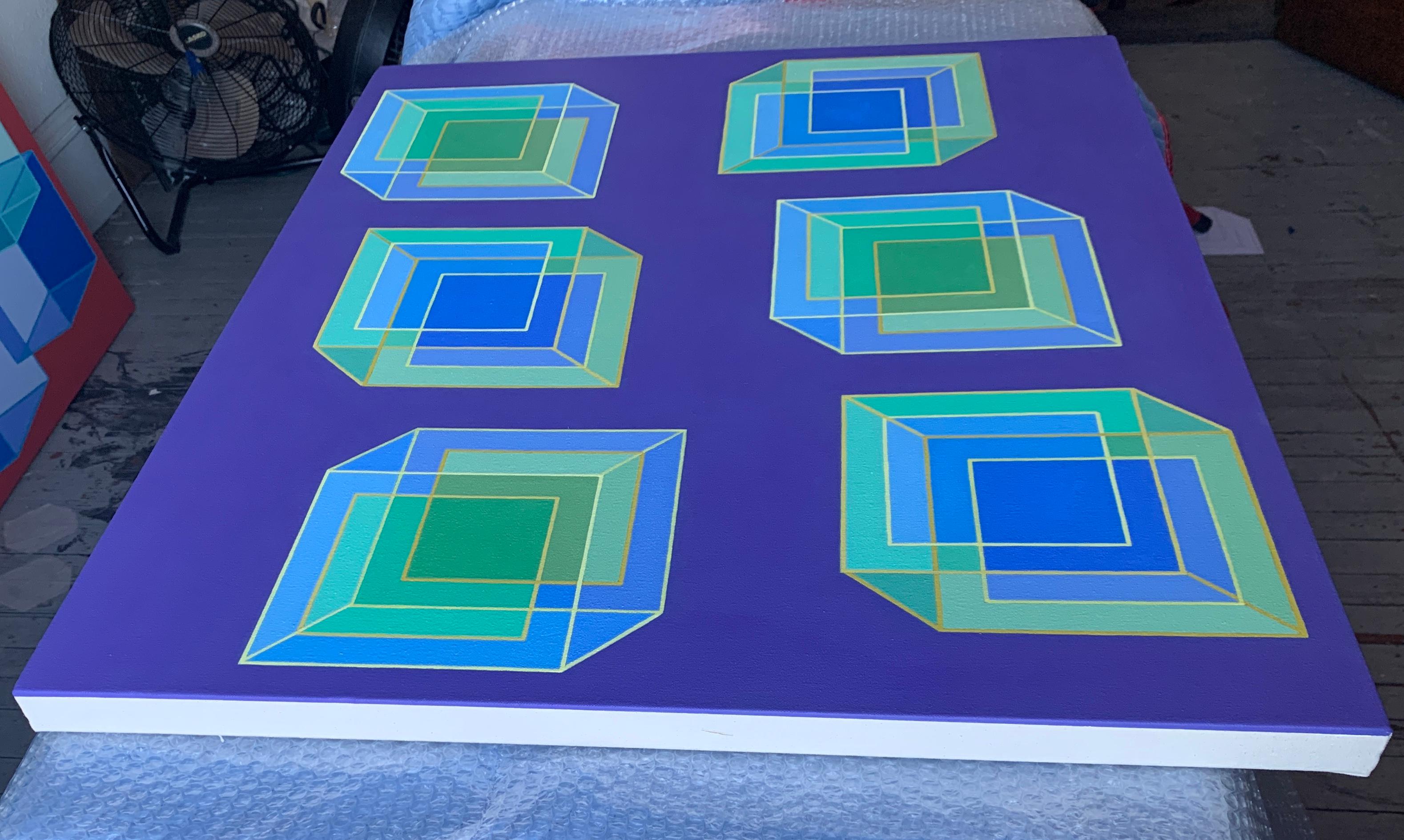 Inverse Cubes #9: geometric abstract Pop Art Op Art painting: blue green purple - Abstract Painting by Benjamin Weaver