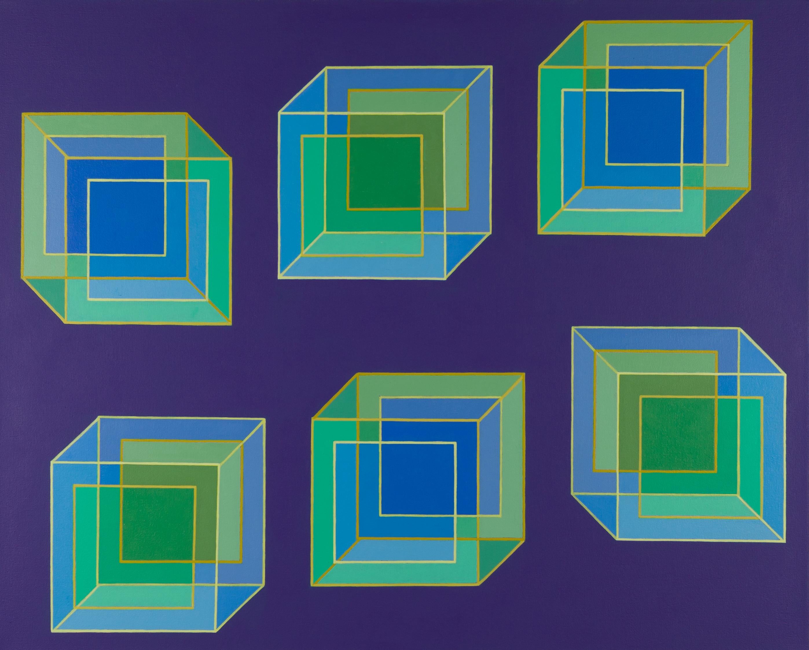 Benjamin Weaver Abstract Painting - Inverse Cubes #9: geometric abstract Pop Art Op Art painting: blue green purple