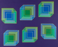 Inverse Cubes #9: geometric abstract Pop Art Op Art painting: blue green purple