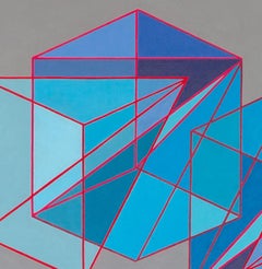 Large geometric abstract painting in range of blues w/ triangles & cubes on gray