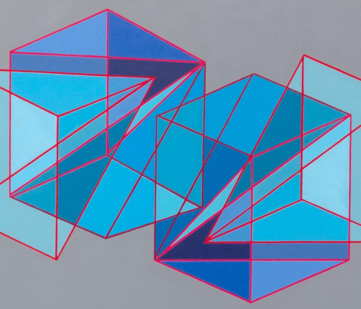 Large geometric abstract painting in range of blues w/ triangles & cubes on gray - Abstract Painting by Benjamin Weaver