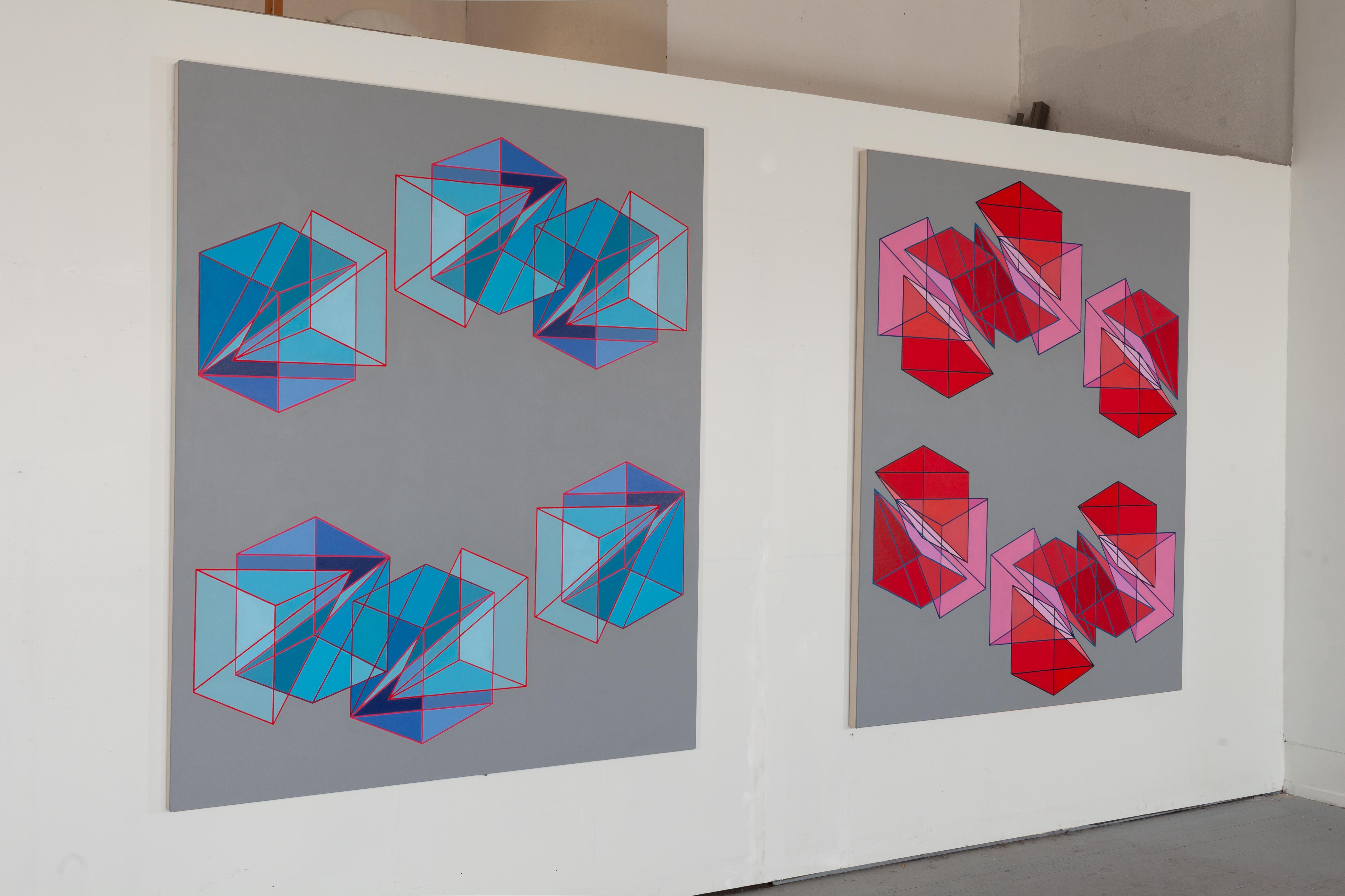 Large geometric abstract painting in range of blues w/ triangles & cubes on gray - Gray Abstract Painting by Benjamin Weaver