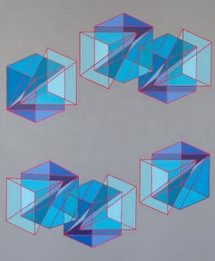 Large geometric abstract painting in range of blues w/ triangles & cubes on gray