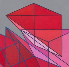 Large geometric abstract painting in red and pink with triangles & cubes on gray