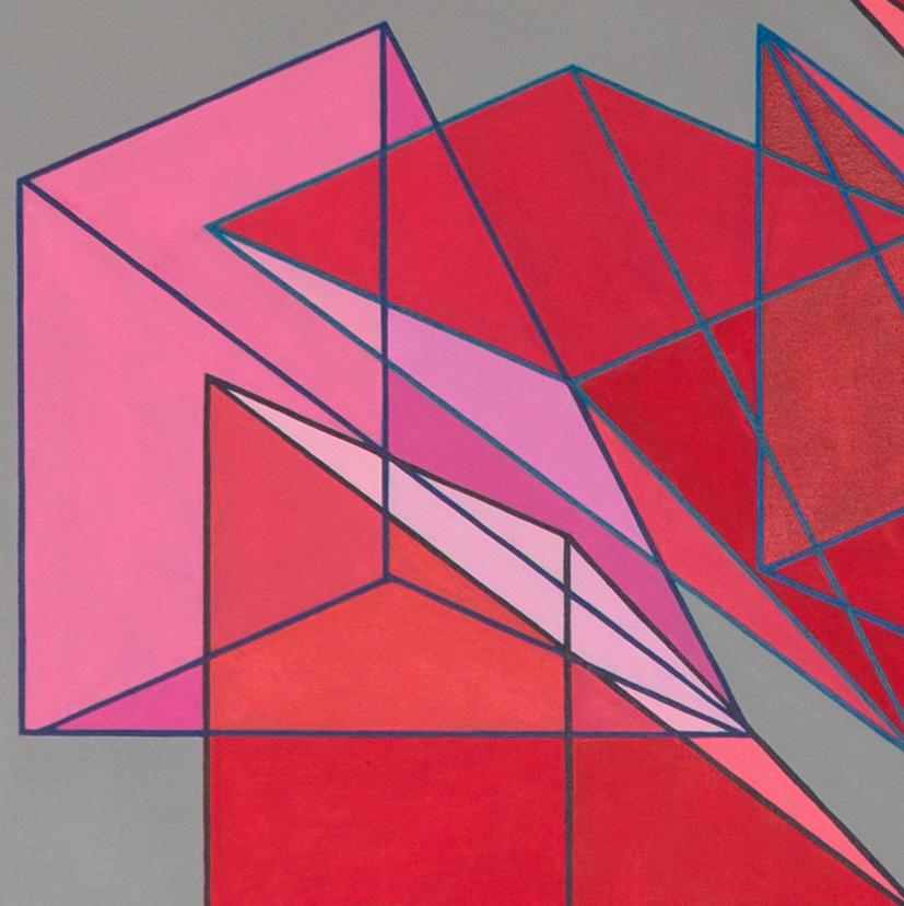 Large geometric abstract painting in red and pink with triangles & cubes on gray - Abstract Painting by Benjamin Weaver