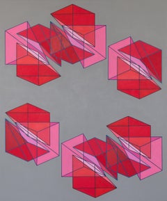Large geometric abstract painting in red and pink with triangles & cubes on gray