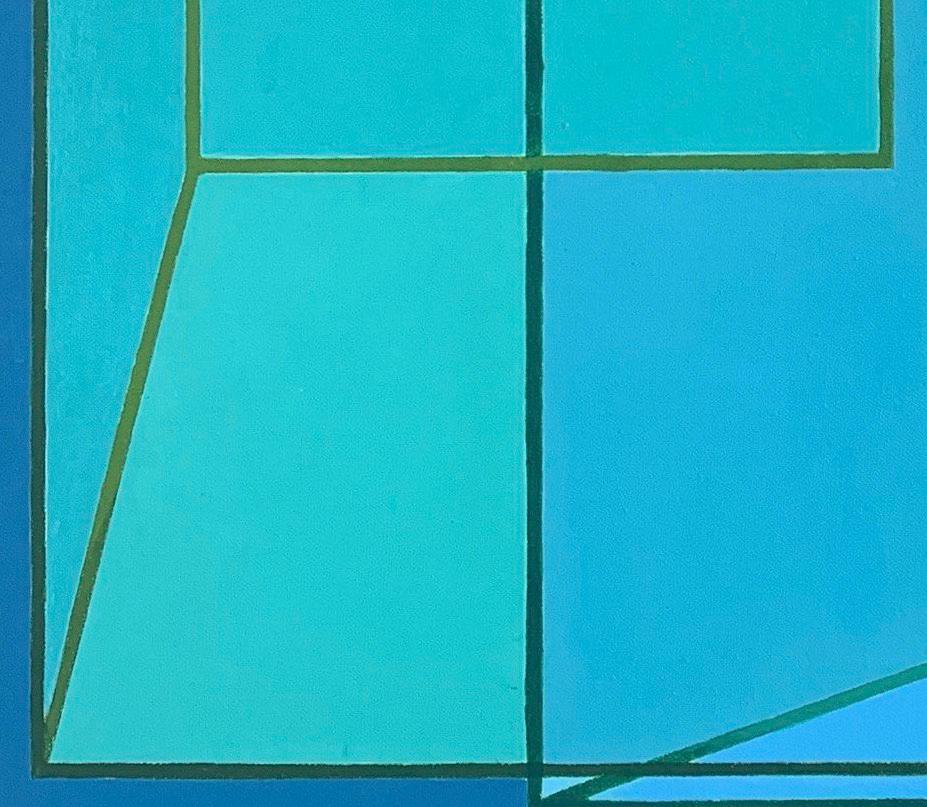 Overlap #2: geometric abstract Op Art painting in blue, green, aqua & turquoise - Painting by Benjamin Weaver