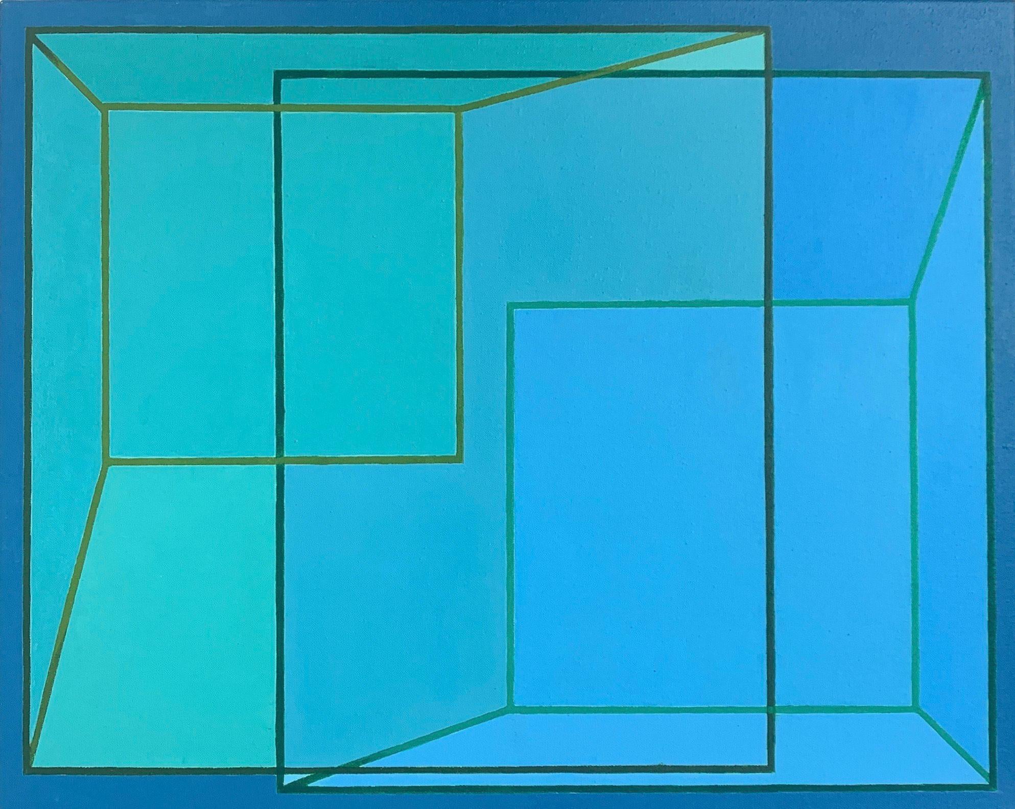 Benjamin Weaver Abstract Painting - Overlap #2: geometric abstract Op Art painting in blue, green, aqua & turquoise