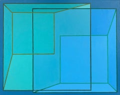 Overlap #2: geometric abstract Op Art painting in blue, green, aqua & turquoise