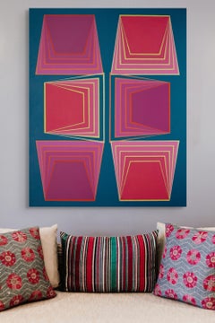 Shuffle 2: geometric abstract Op Art painting: pink, magenta, red, yellow & blue