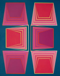 Shuffle 2: geometric abstract Op Art painting: pink, magenta, red, yellow & blue