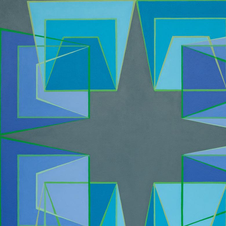 Shuffle 4: geometrisches abstraktes Op-Art-Gemälde in Blau mit grünen Linien auf Grau – Painting von Benjamin Weaver
