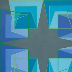 Shuffle 4: geometric abstract Op Art painting in blues with green lines on gray