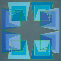 Shuffle 4: geometric abstract Op Art painting in blues with green lines on gray