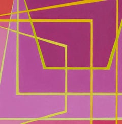 Shuffle 5: geometric abstract Op Art painting in pink, magenta, yellow, orange