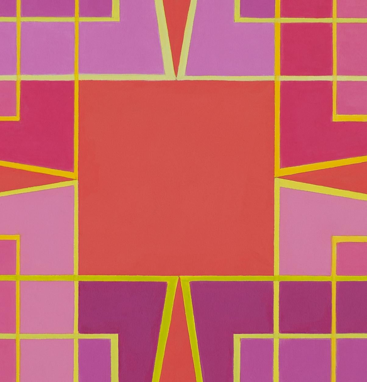 Shuffle 5: geometric abstract Op Art painting in pink, magenta, yellow, orange - Abstract Painting by Benjamin Weaver