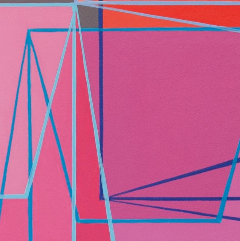 Shuffle 6: geometric abstract Op Art painting: pink, magenta, orange, gray, blue - Painting by Benjamin Weaver