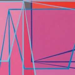 Shuffle 6: geometric abstract Op Art painting: pink, magenta, orange, gray, blue