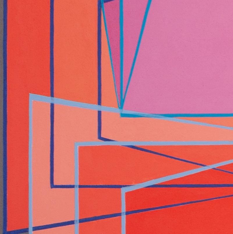 Shuffle 6: geometric abstract Op Art painting: pink, magenta, orange, gray, blue - Abstract Painting by Benjamin Weaver