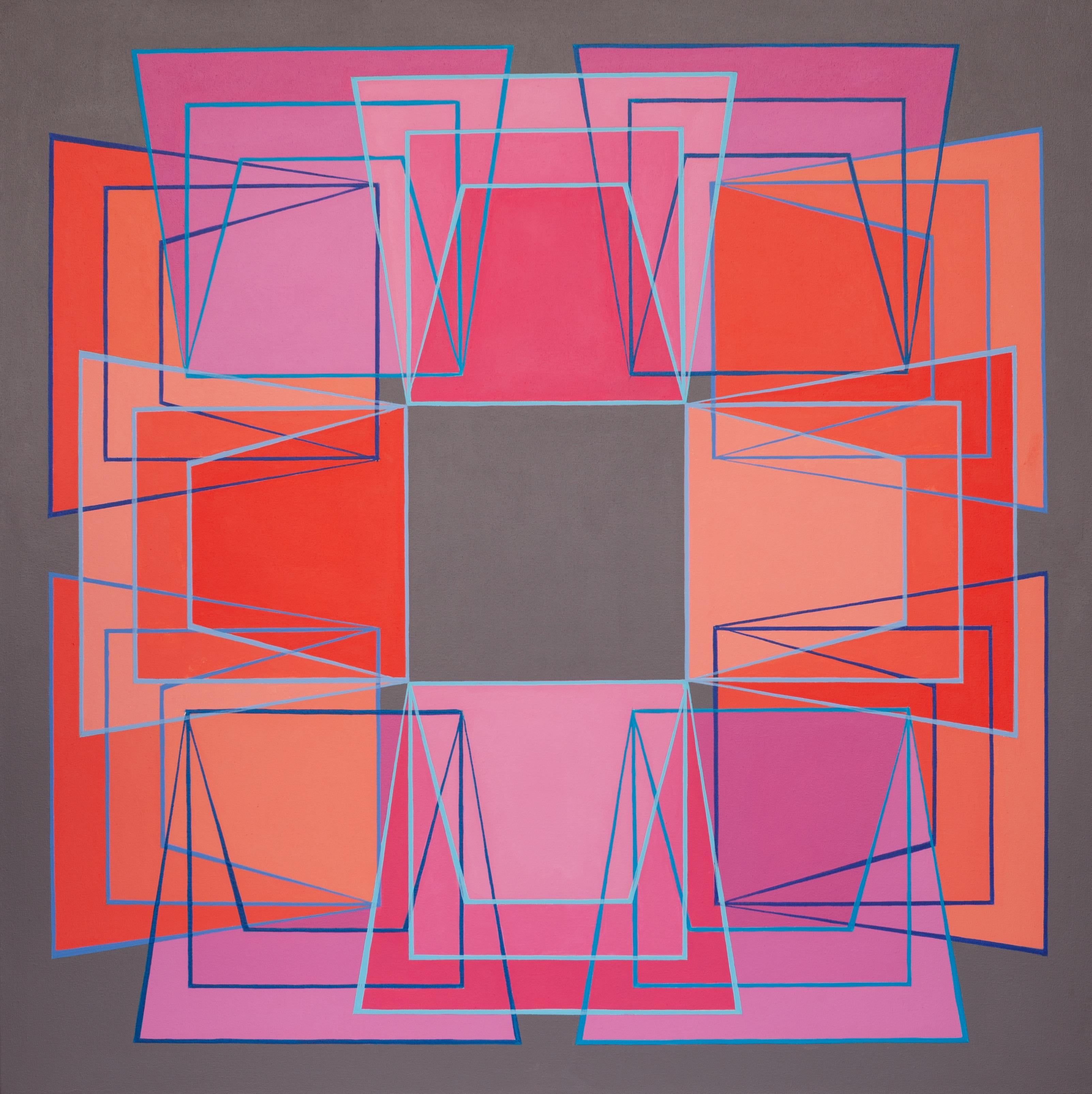 Benjamin Weaver Abstract Painting - Shuffle 6: geometric abstract Op Art painting: pink, magenta, orange, gray, blue