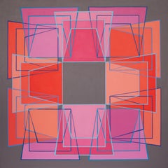 Shuffle 6: geometric abstract Op Art painting: pink, magenta, orange, gray, blue