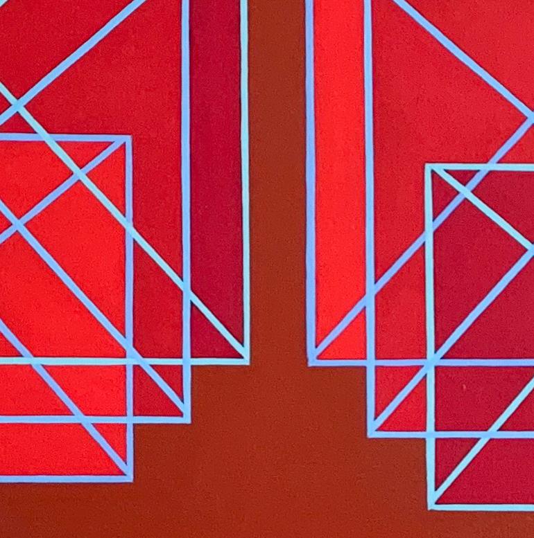 Stacking #2: geometric abstract Op Art painting in range of reds w/ blue lines - Painting by Benjamin Weaver