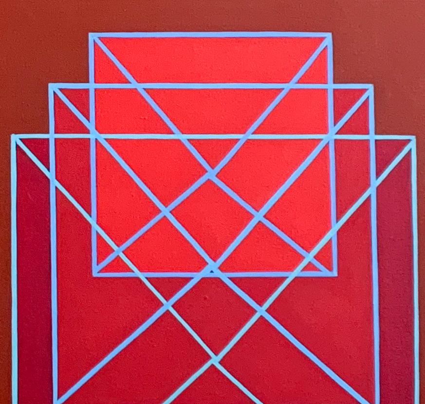 Stacking #2: geometric abstract Op Art painting in range of reds w/ blue lines - Abstract Painting by Benjamin Weaver