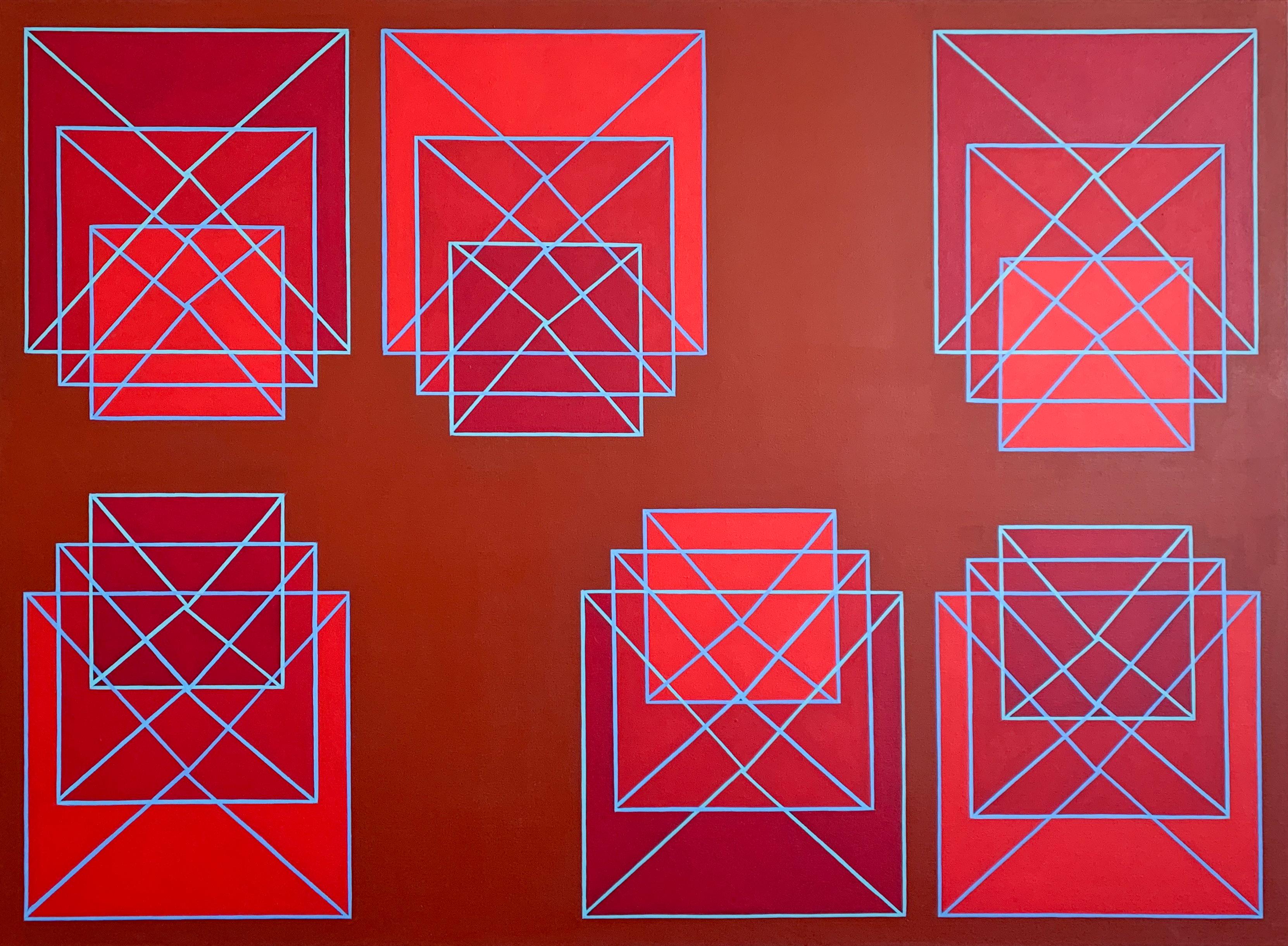 Benjamin Weaver Abstract Painting - Stacking #2: geometric abstract Op Art painting in range of reds w/ blue lines