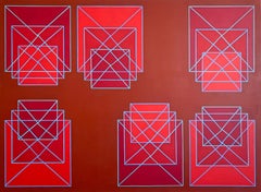 Stacking #2: geometric abstract Op Art painting in range of reds w/ blue lines