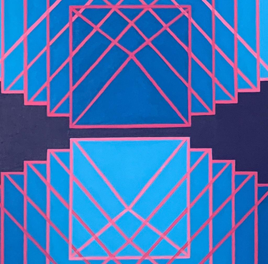 Stacking #3: geometric abstract Op Art painting in range of blues w/ red lines - Painting by Benjamin Weaver