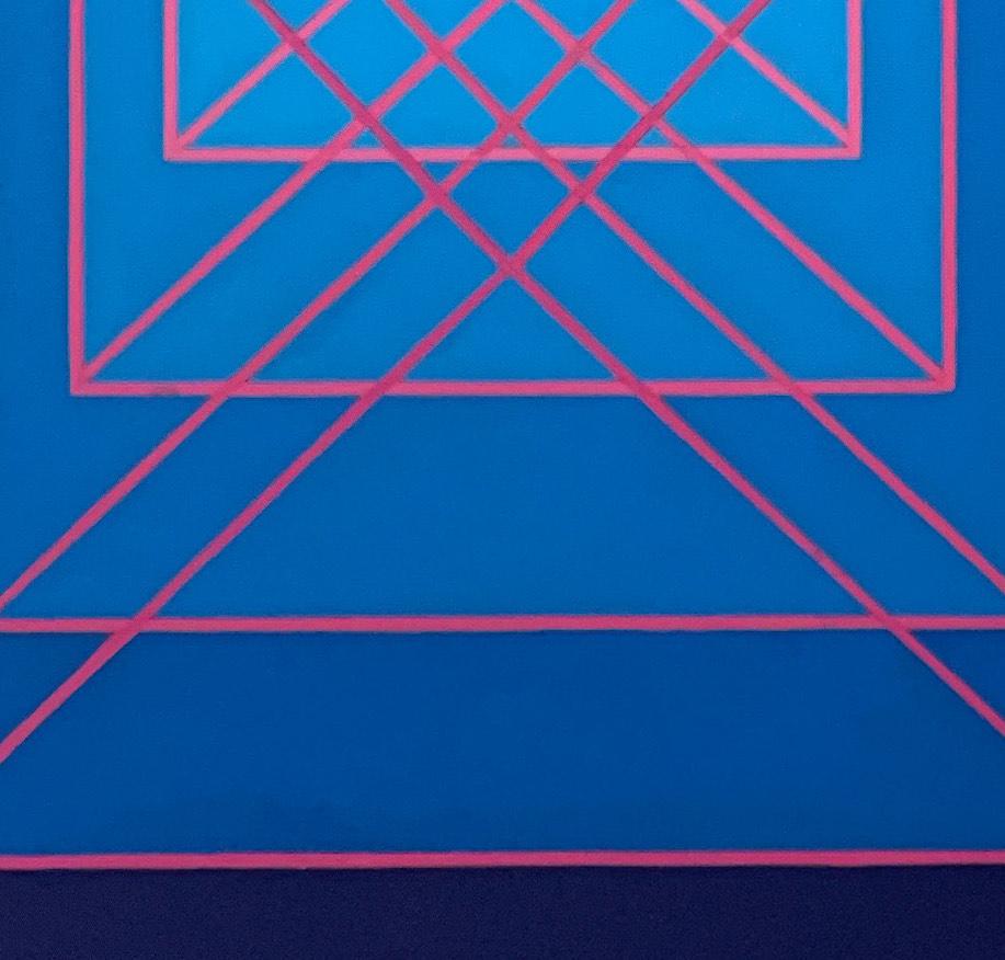 Stacking #3: geometric abstract Op Art painting in range of blues w/ red lines - Abstract Painting by Benjamin Weaver