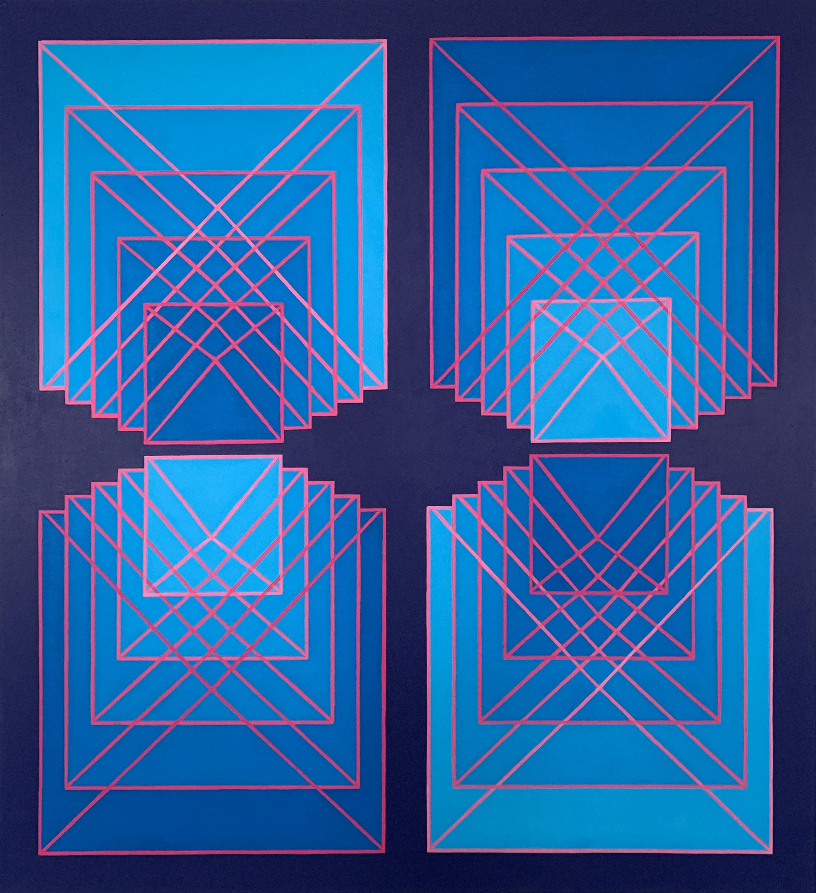 Benjamin Weaver Abstract Painting - Stacking #3: geometric abstract Op Art painting in range of blues w/ red lines