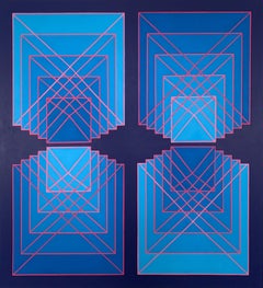 Used Stacking #3: geometric abstract Op Art painting in range of blues w/ red lines