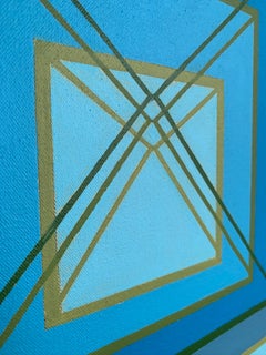 Stacking #4: geometric abstract Op Art painting in blue, green, turquoise & gray