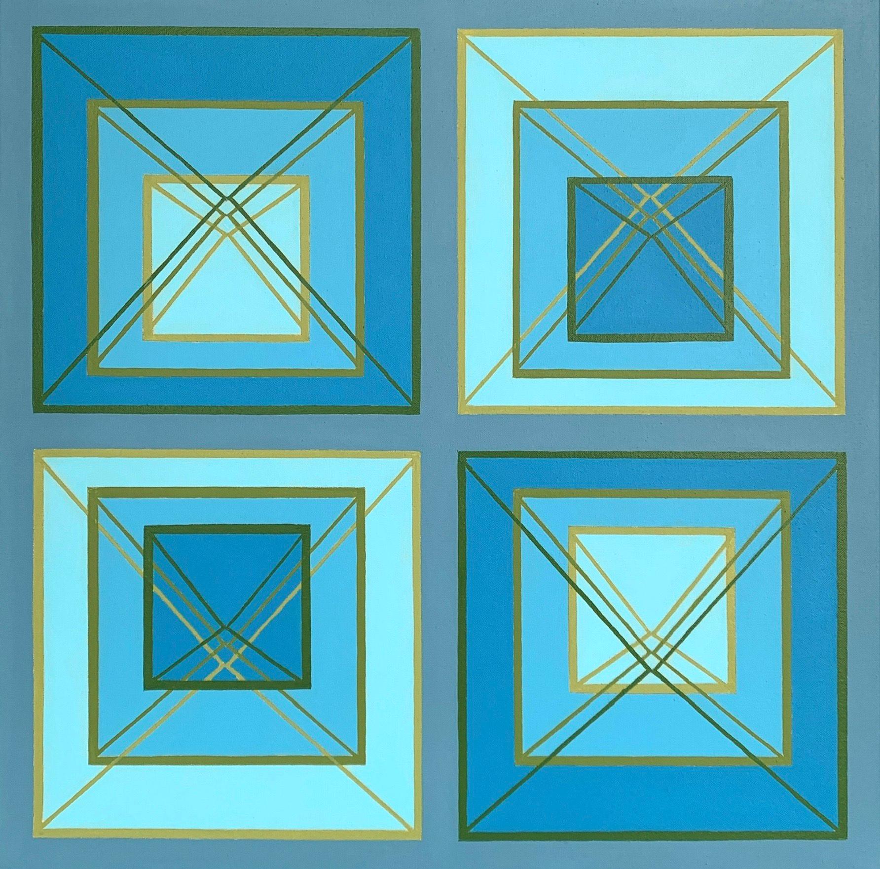 Benjamin Weaver Abstract Painting - Stacking #4: geometric abstract Op Art painting in blue, green, turquoise & gray