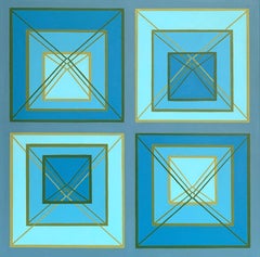 Stacking #4: geometric abstract Op Art painting in blue, green, turquoise & gray