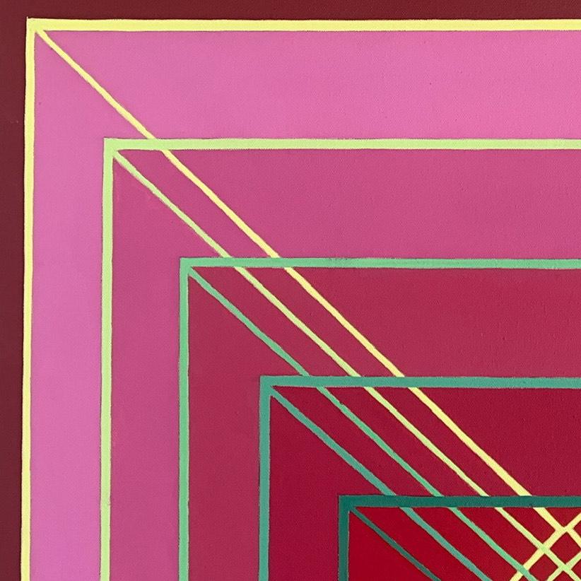 Stacking #5: geometric abstract Op Art painting in pink, red & magenta w/ lines - Painting by Benjamin Weaver