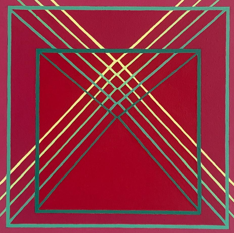 Stacking #5: geometric abstract Op Art painting in pink, red & magenta w/ lines - Abstract Painting by Benjamin Weaver