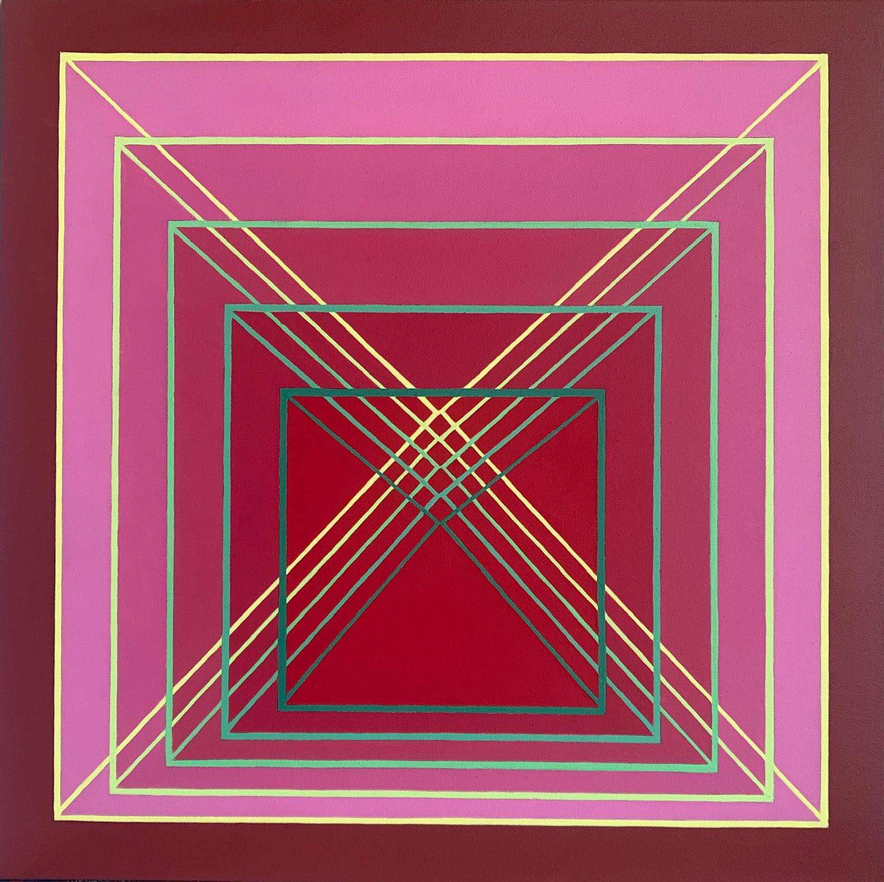 Benjamin Weaver Abstract Painting - Stacking #5: geometric abstract Op Art painting in pink, red & magenta w/ lines