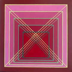 Stacking n°5 : peinture géométrique abstraite Op Art en rose, rouge et magenta avec lignes