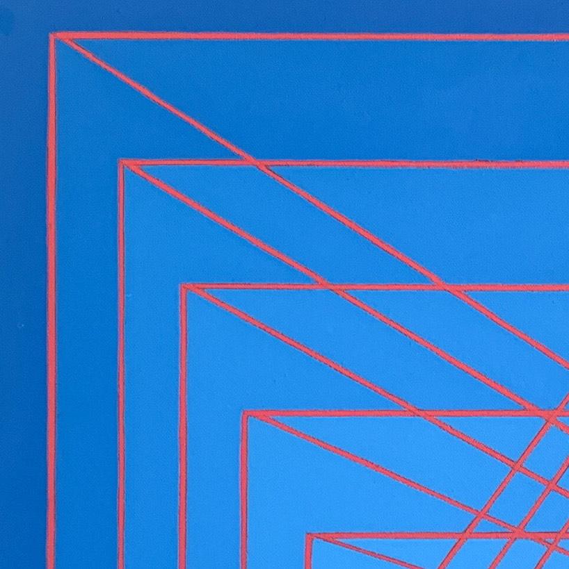 Conditionnement : peinture géométrique abstraite Op Art en bleu clair et foncé avec lignes rouges - Painting de Benjamin Weaver