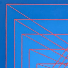 Stacking: geometric abstract Op Art painting in light & dark blue w/ red lines
