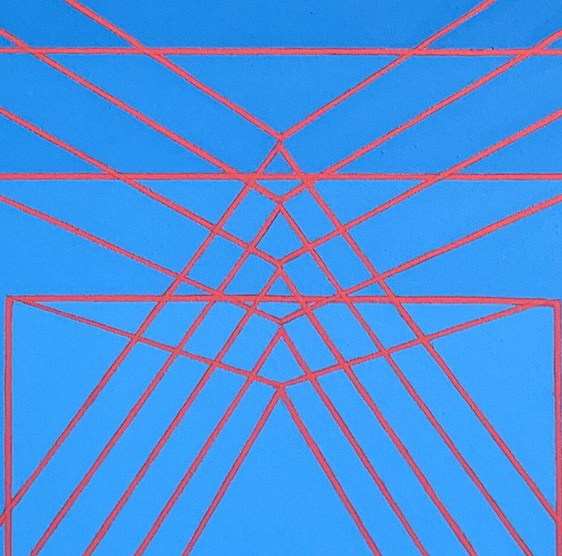 Stacking: geometric abstract Op Art painting in light & dark blue w/ red lines - Abstract Painting by Benjamin Weaver