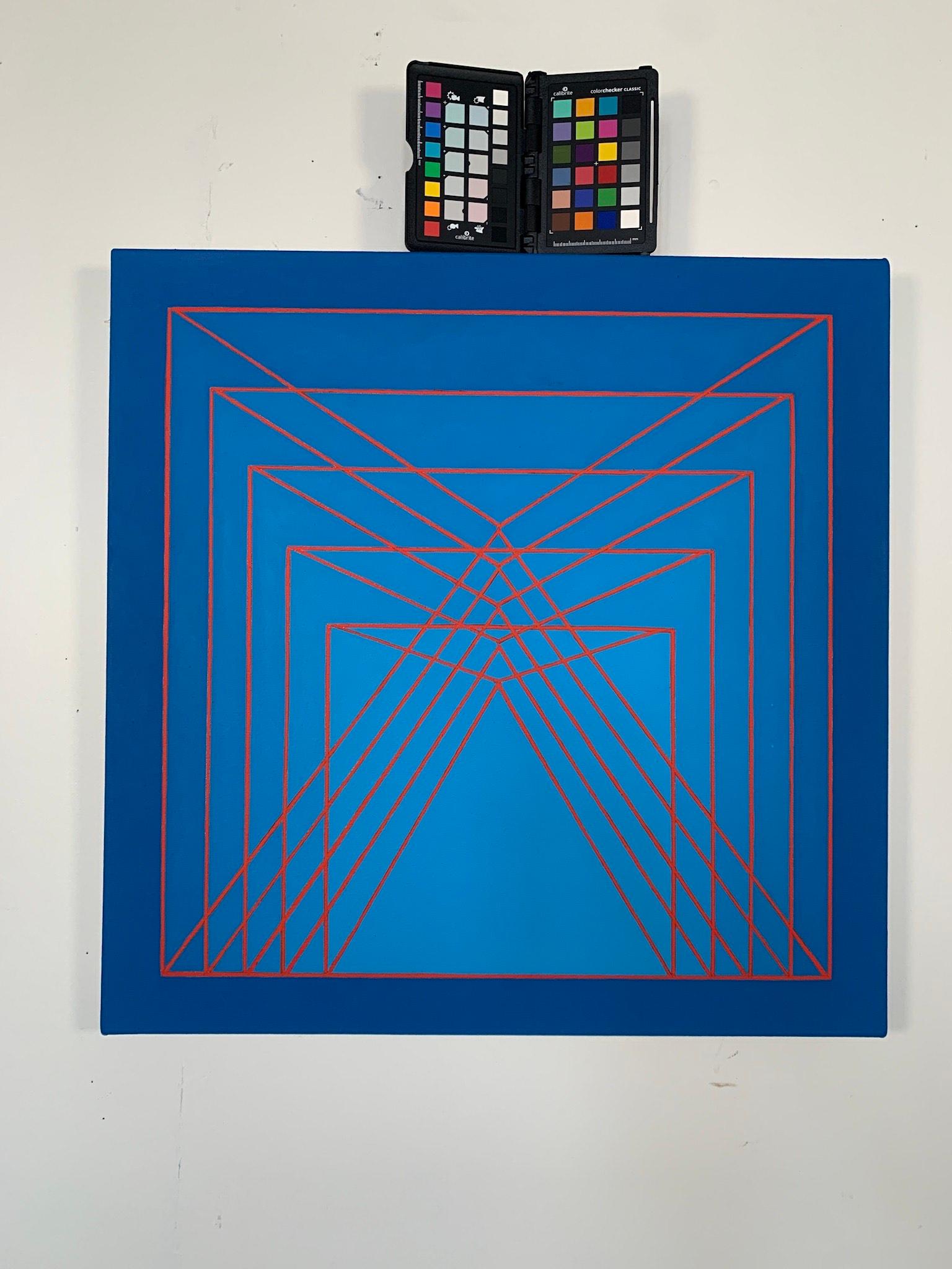 Benjamin Weaver creates spatial tension through his use of contrasting colors arranged in a geometric framework. Imagery and color work both with and against each other to create movement within the composition. By the artist’s careful placement of