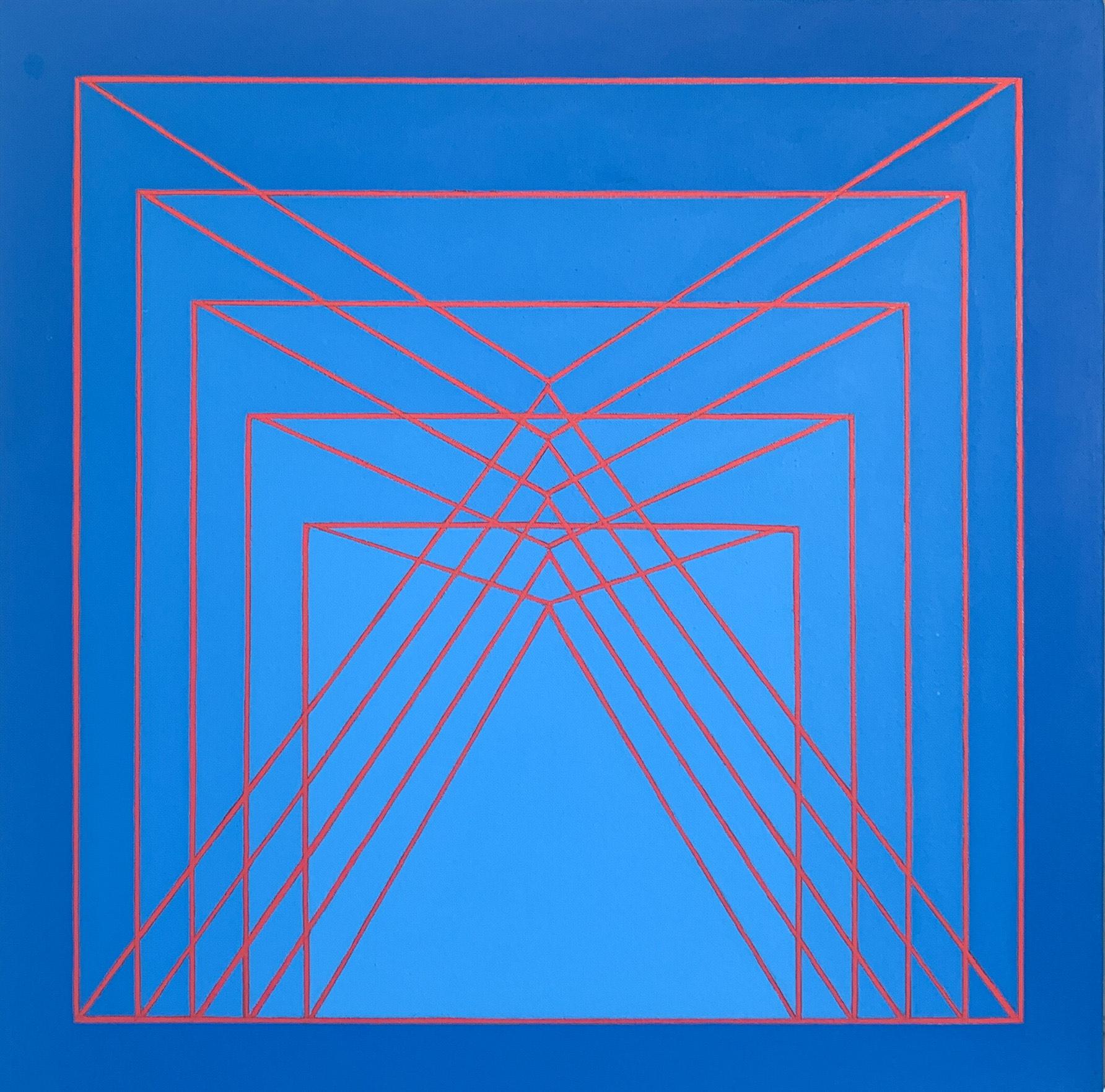 Benjamin Weaver Abstract Painting - Stacking: geometric abstract Op Art painting in light & dark blue w/ red lines