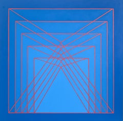 Conditionnement : peinture géométrique abstraite Op Art en bleu clair et foncé avec lignes rouges